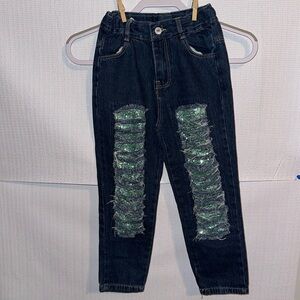 Aqua Sequin Distressed Skinny Leg Jeans Girls Size 2XL (6/7)